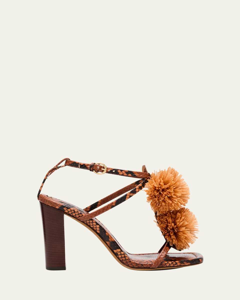 Isolde Embossed Snake Pom Pom T-Strap Sandals